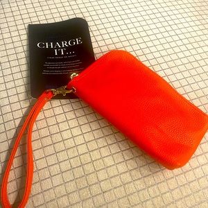 NWOT Banana Republic orange leather phone charging wristlet clutch bag